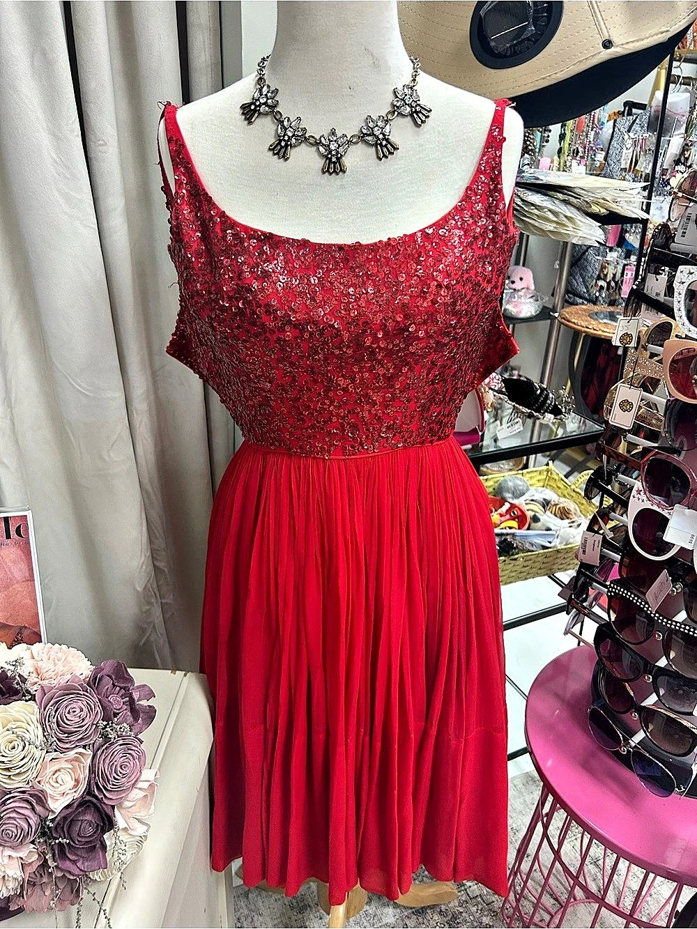 Vintage 1960 Red Sequin Cocktail Dress Like New by Dorothy Litzan NY